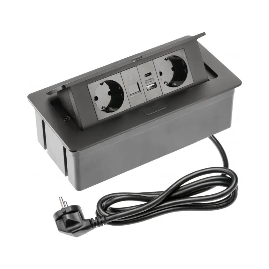 GTV built-in socket block 2-slot USB A+C RJ45 wire 1.5m black MULTISOFT, AE-PBSUR2GS-20 cover photo