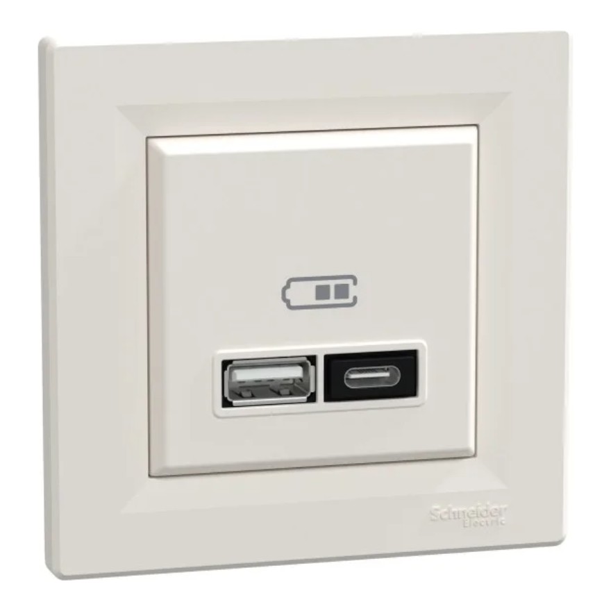 Schneider Electric USB charger A+C max 21W beige with frame Asfora, EPH2700523 cover photo