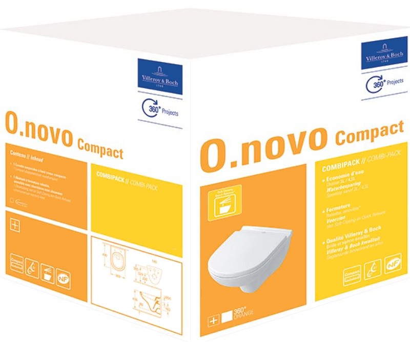 Villeroy & Boch O.Novo Compact wall-mounted WC toilet bowl, soft-close cover, white, 5688H101 cover photo