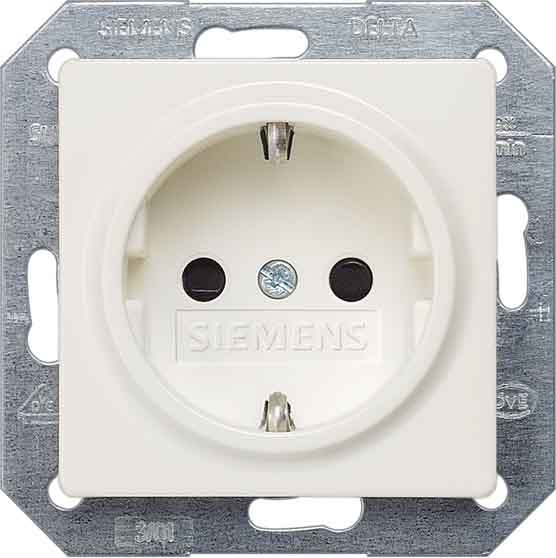 Siemens flush-mounted 1-slot electricity socket mechanism Delta I-System, grounded, child protection, white, 5UB1518 cover photo