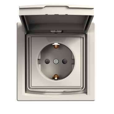Schneider Electric flush-mounted 1-slot electricity socket Asfora, with frame, child protection, beige, IP44, EPH3100323 cover photo