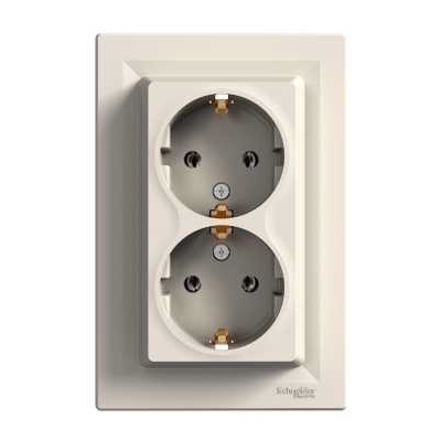 Schneider Electric flush-mounted double 2-slot electricity socket Asfora, with frame, grounded, beige, IP20, EPH9900123 cover photo