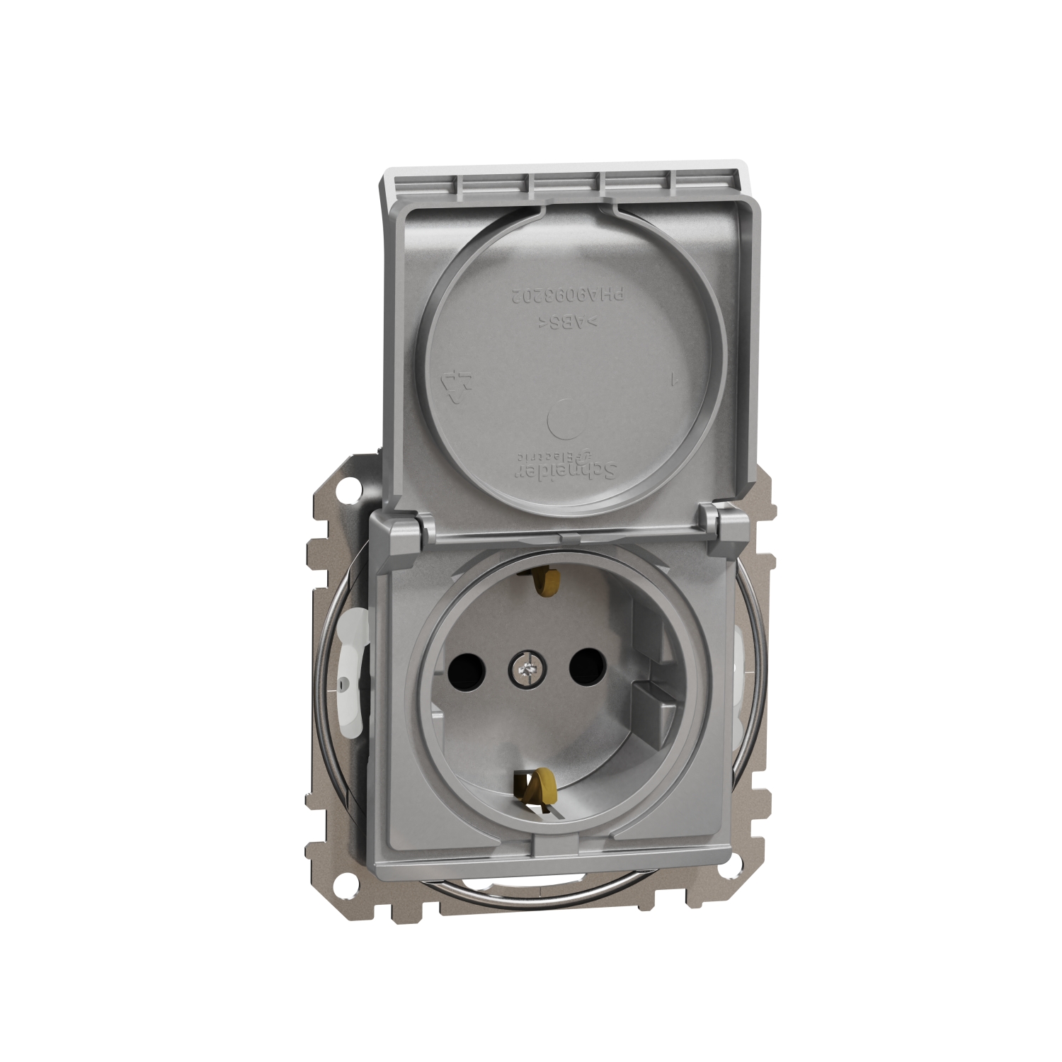 Schneider Electric flush mounted 1-slot electricity socket mechanism, grounded, with cover aluminum IP44 Sedna Design, SDD213023 cover photo