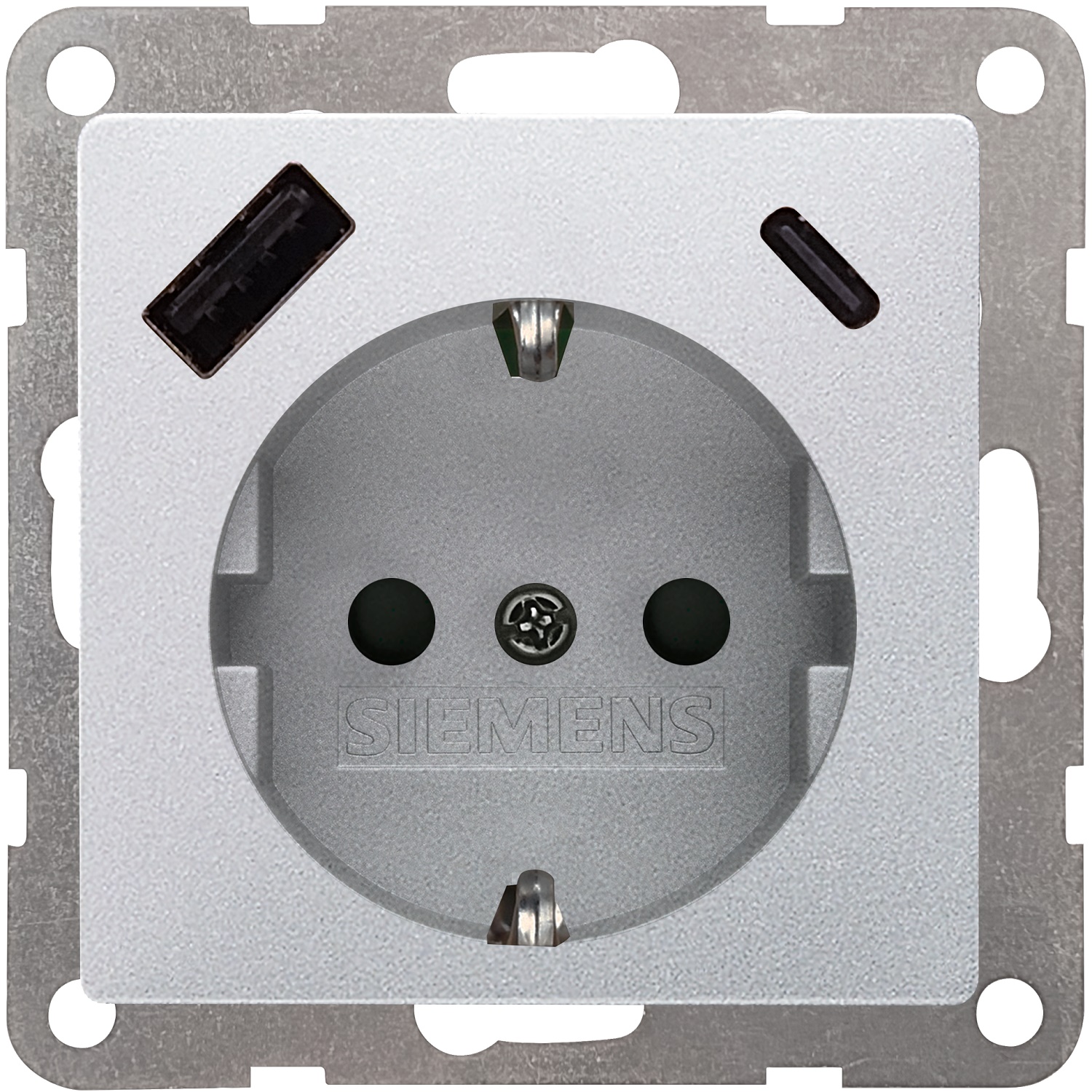 Siemens flush mounted electricity socket grounded USB A+C 18W, aluminum metallic Delta I-System, 5UB1970-1AM01 cover photo